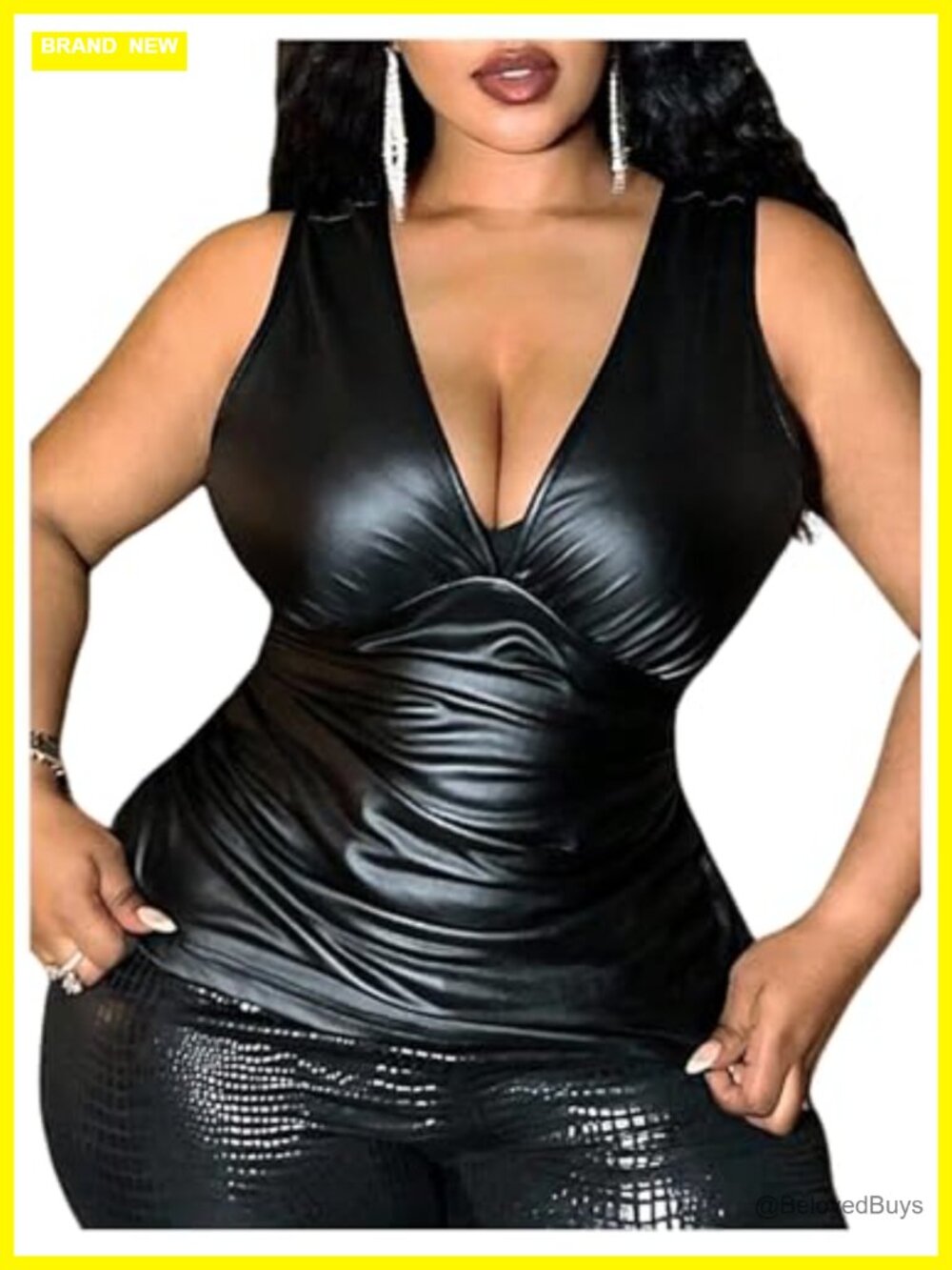 Plus Size Faux Leather Tank Top Deep V Neck Ruched Sleeveless Clubwear